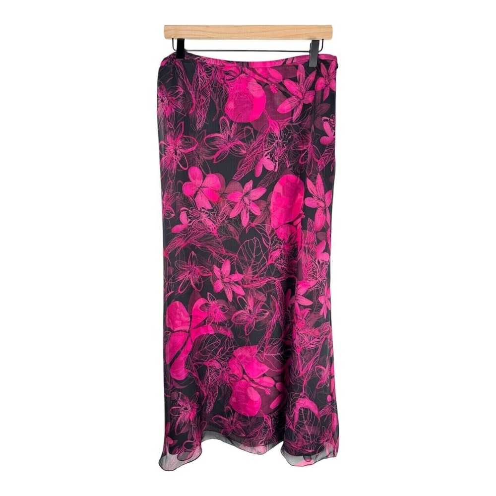 Dana Buchman Womens 16 Maxi Skirt 100% Silk Black Pink 90s Fairy Grunge Whimsy